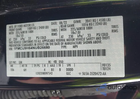 2022 Ford Escape Sel z USA, uszkodzony, nr VIN 1FMCU9H64NUB26680